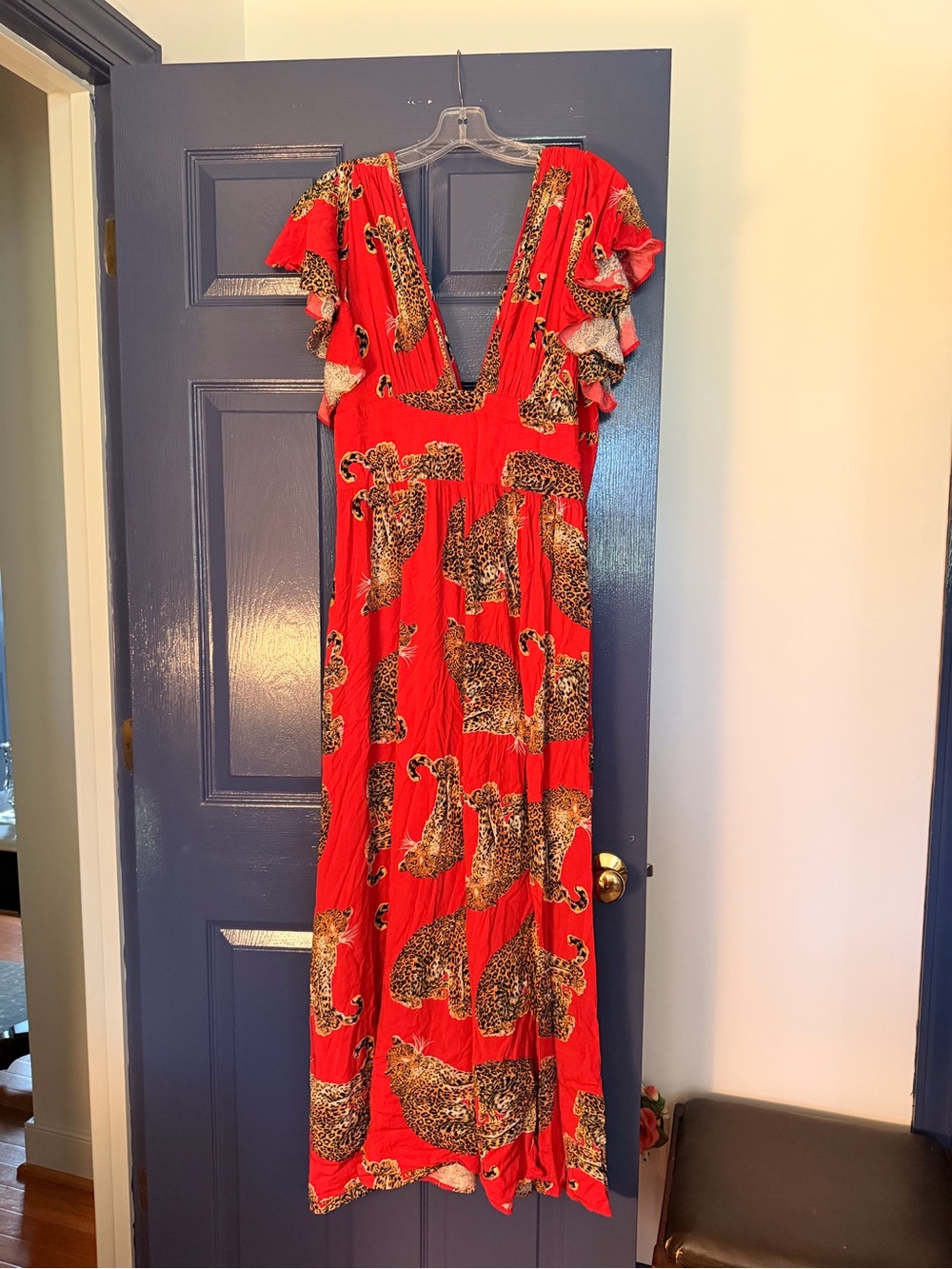 Red Leopard-Print V-Neck Maxi Dress with Ruffle Sleeves